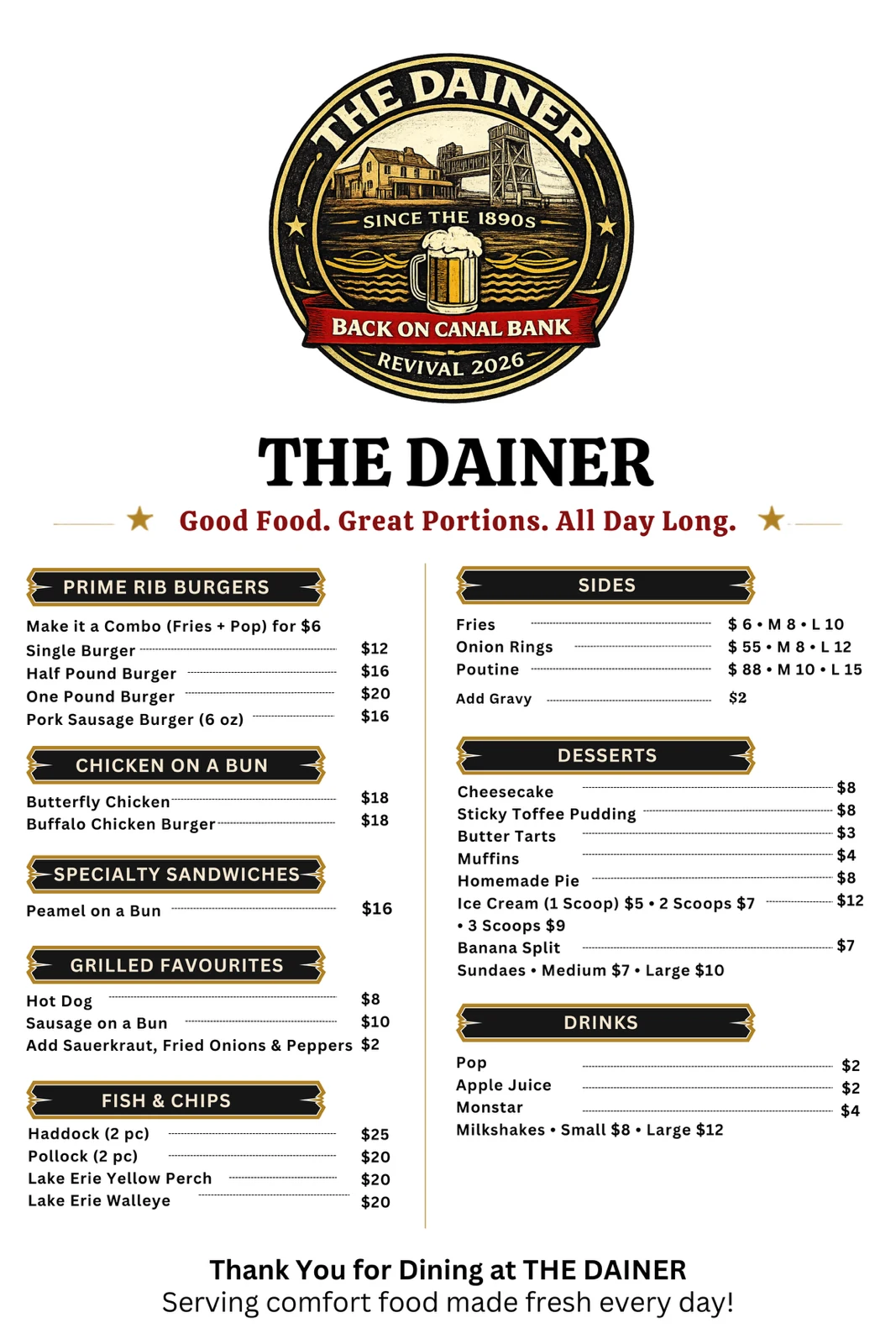 The Dainer limited menu with burgers, fish and chips, sides, desserts, and drinks